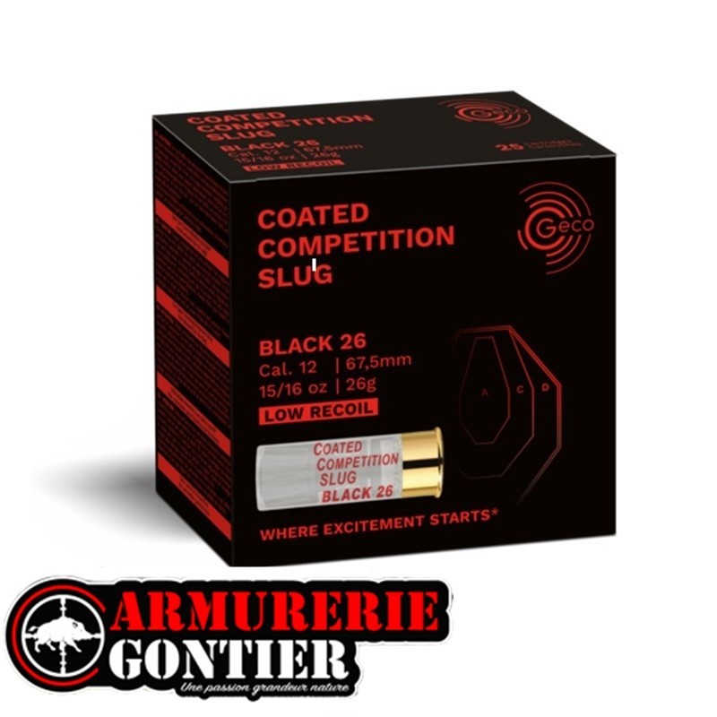 Cartouche Balle Slug GECO Compétition Black 26 gr cal.12/67,5, boite de 100 www.armureriegontier.fr