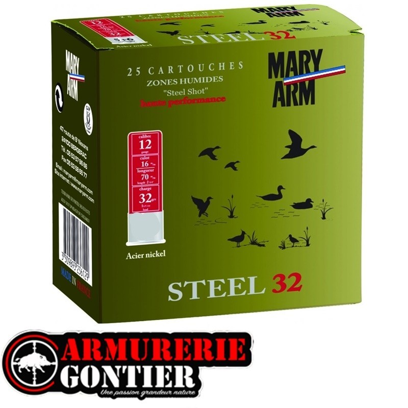 Cartouches MARY ARM SUPER STEEL 32 Calibre 12/70 32grs  N° 5+6 Bourre jupe