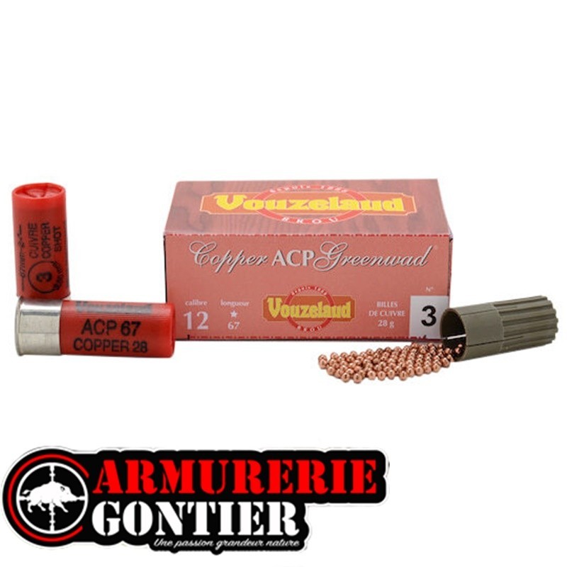 Cartouches VOUZELAUD Copper ACP Greenwad Tube plastique - Cal. 12/67 bourre jupe