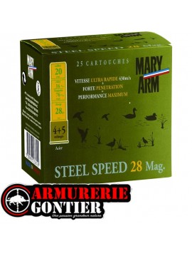 Cartouches MARY ARM STEEL SPEED Calibre 20/76 – 28 g – Acier nickelé – N°4+5 – Bourre à jupe