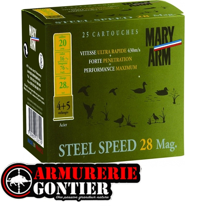 Cartouches MARY ARM STEEL SPEED Calibre 20/76 – 28 g – Acier nickelé – N°4+5 – Bourre à jupe