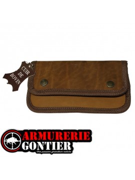 Étui cartouchière en cuir vieilli pour 10 balles de grande chasse.