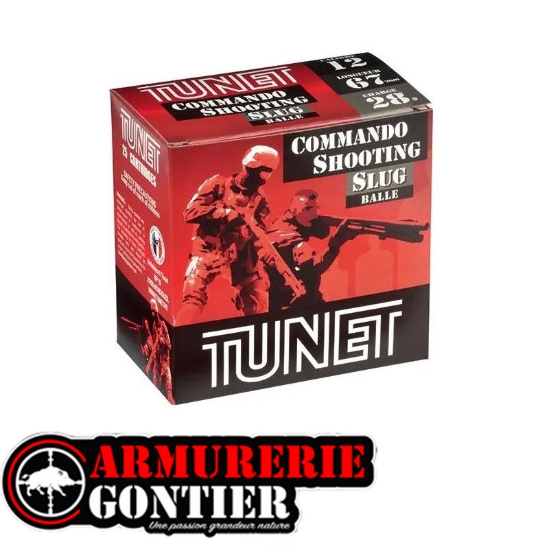 Pack de 100 cartouches Tunet Commando Training Slug calibre 12/67. Balle plomb 28 g avec bourre à jupe