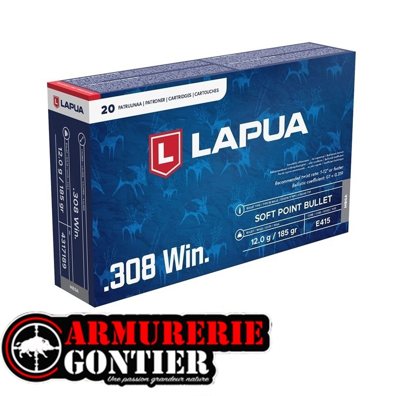 Munitions LAPUA Soft Point.308 Winchester 12G/185GR (Boîte de 20)