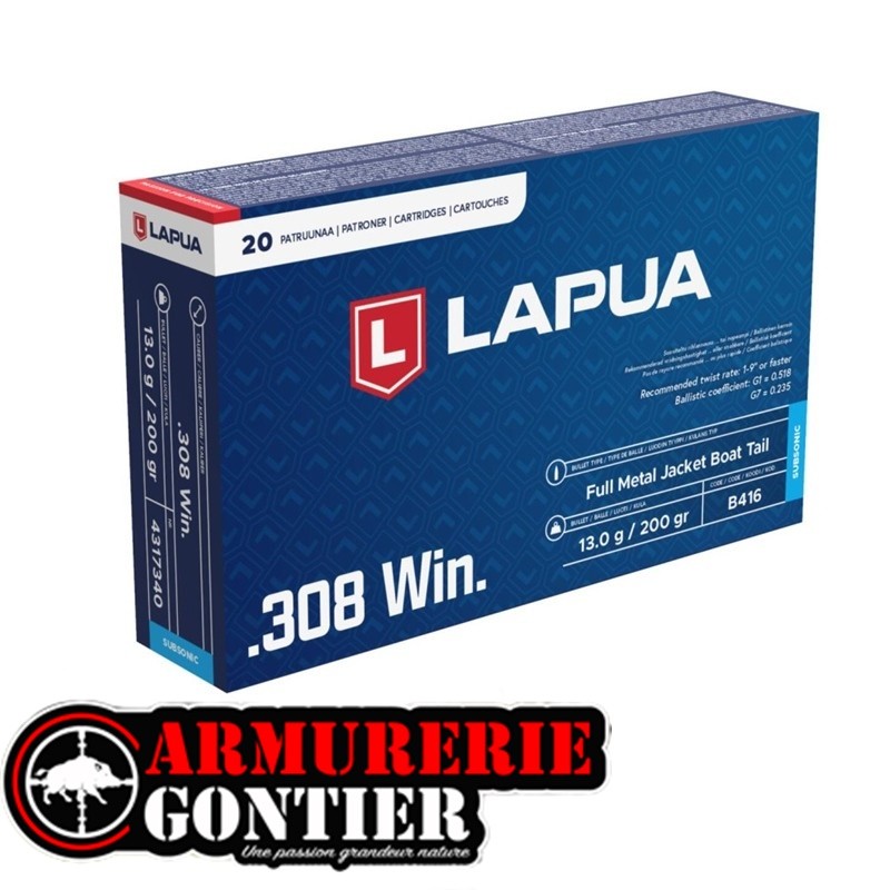 Munitions LAPUA SFMJBT .308 Winchester  13G 200GR subsonic