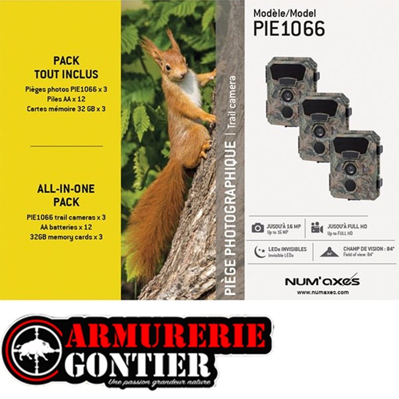 NUM'AXES - Pack  3 Piège photographique PIE1066 + 4 piles AA LR6 + carte mémoire 32 Gb
